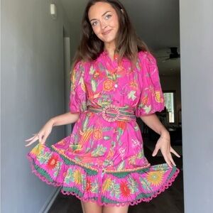 Farm Rio hot pink tropical mini dress